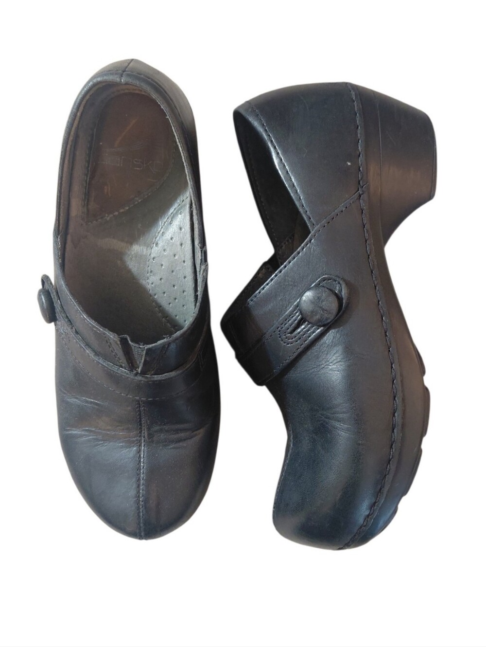 Dansko Solstice Black Leather Mary Jane Clogs with Button Strap Size 7